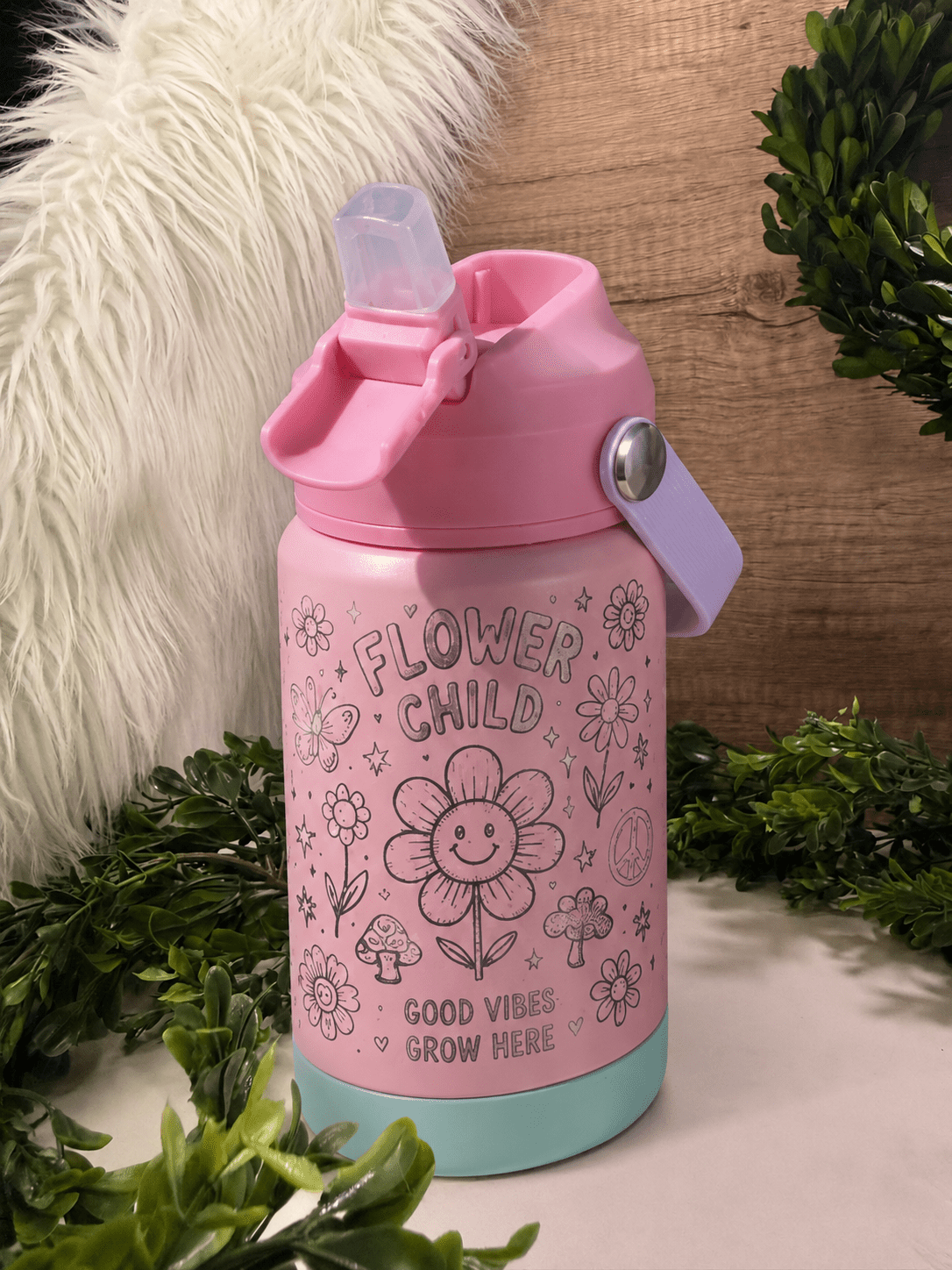 12oz Kids Flower Child - Beam The Vibe 12oz Kids Flower Child in with laser engraved design
