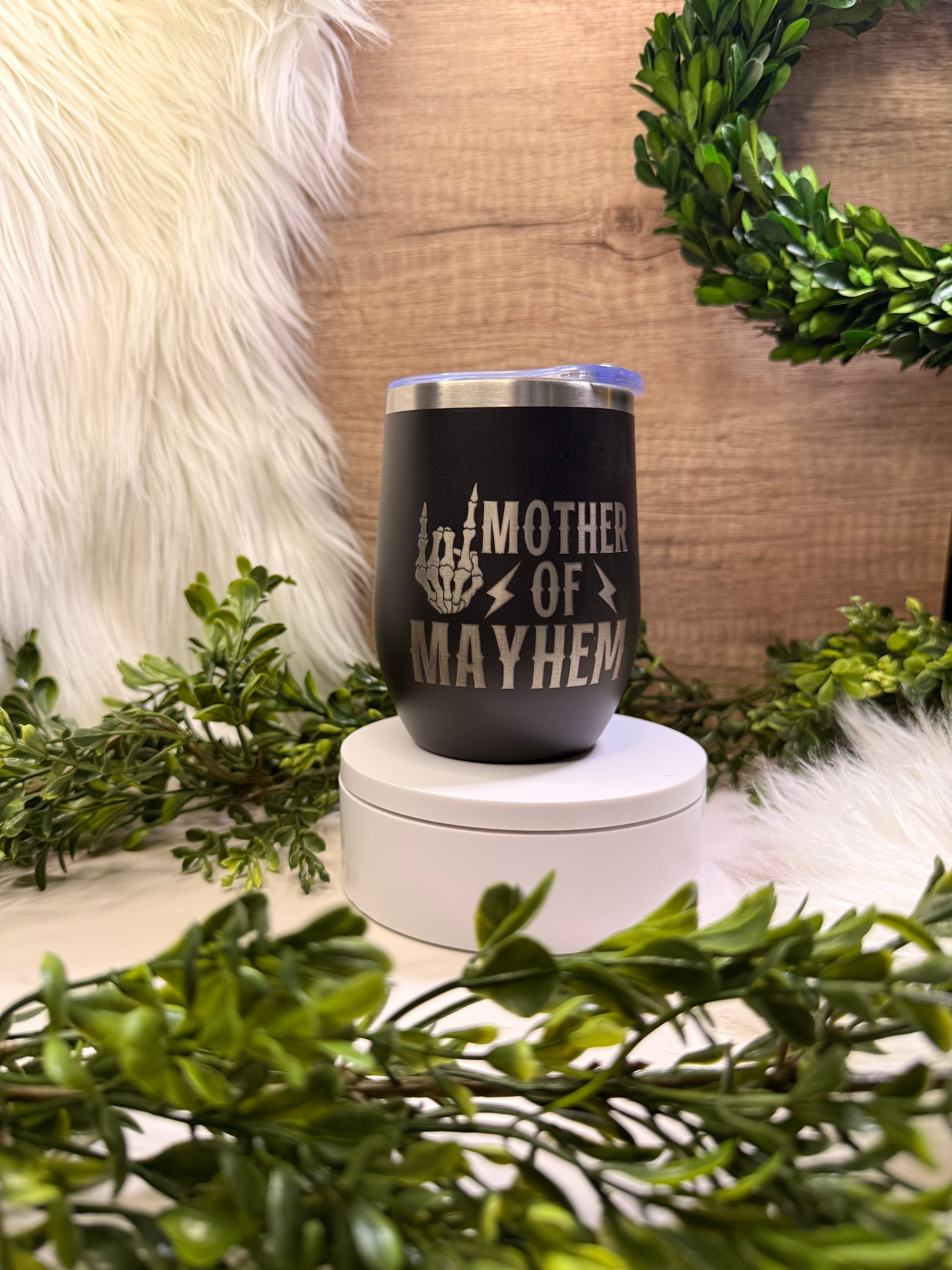 Black insulated tumbler with 'Mother of Mayhem' text and bolts