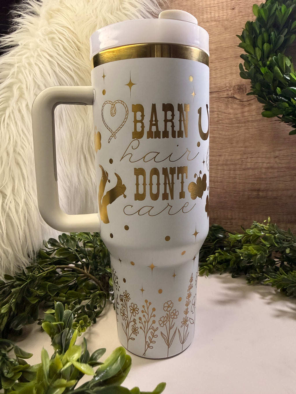 White travel mug with gold text barn hair don't care and western designs, 