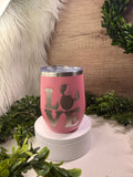 Pink stainless steel wine tumbler engraved with LOVE and Minnie bow silhouette design