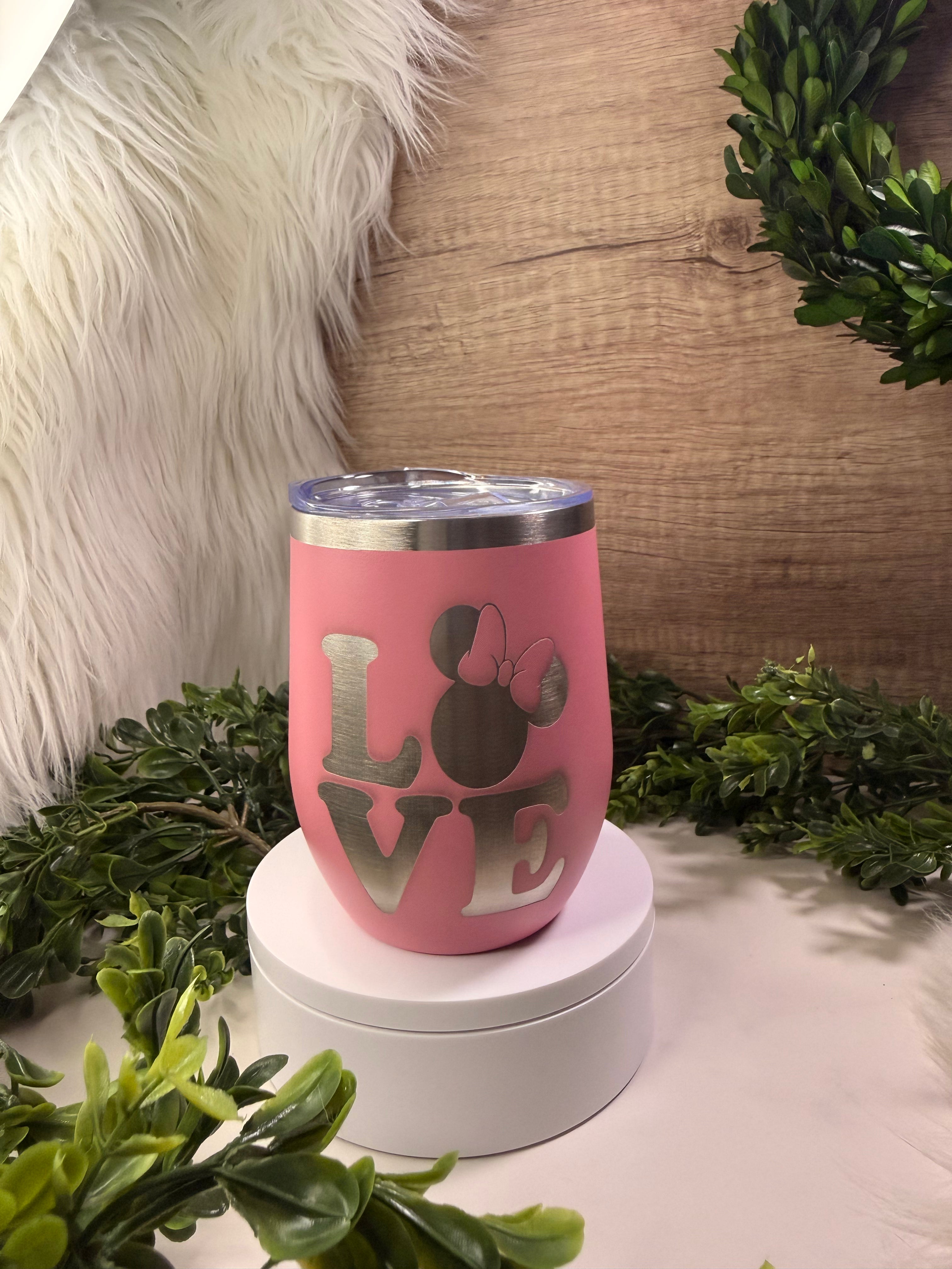 Pink stainless steel wine tumbler engraved with LOVE and Minnie bow silhouette design