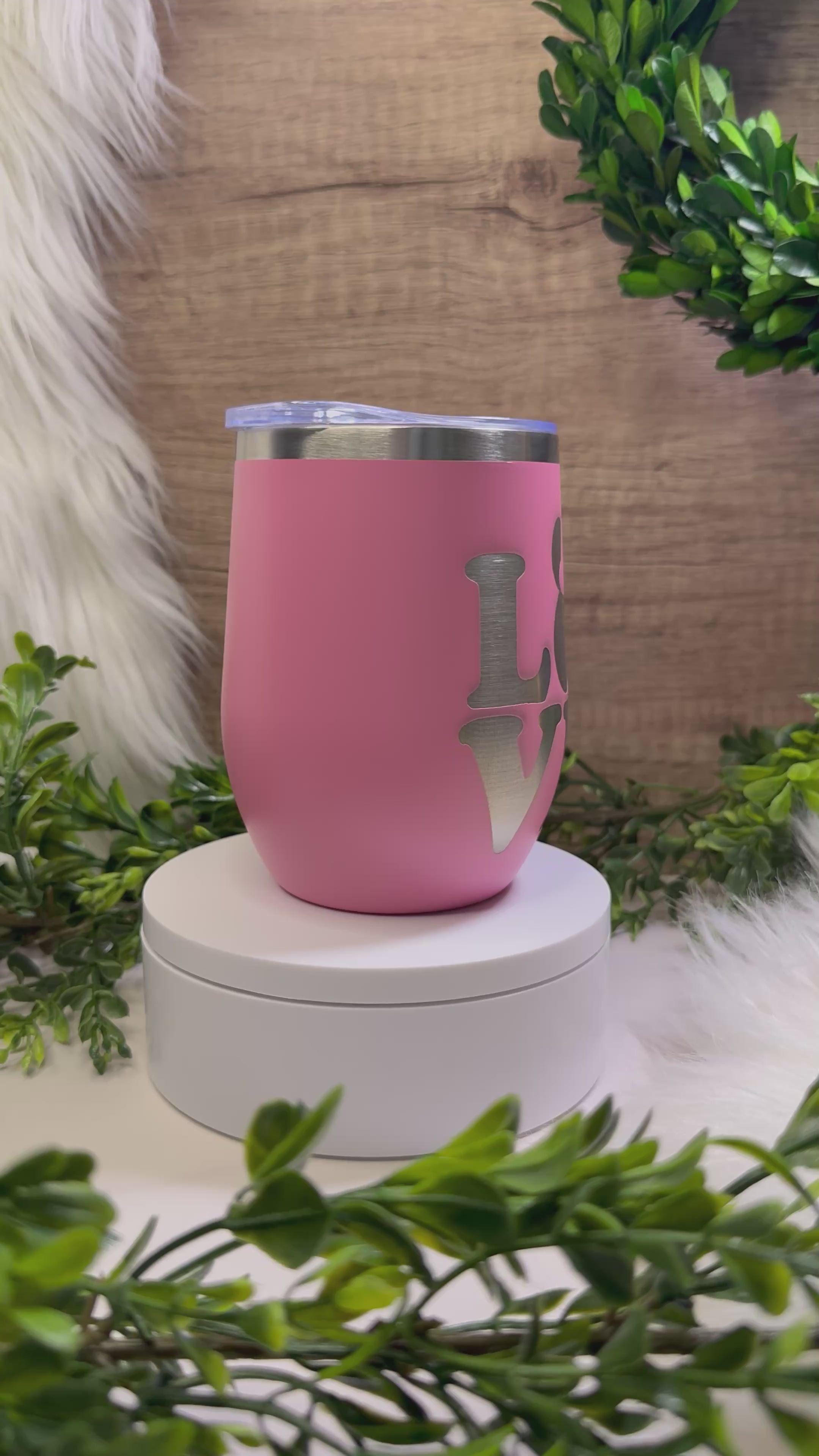 Pink stainless steel wine tumbler engraved with LOVE and Minnie bow silhouette design
